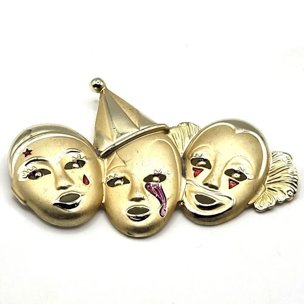 Vintage AJC Gold Tone Triple Clown Face Brooch 3.5" Enamel Jester Circus